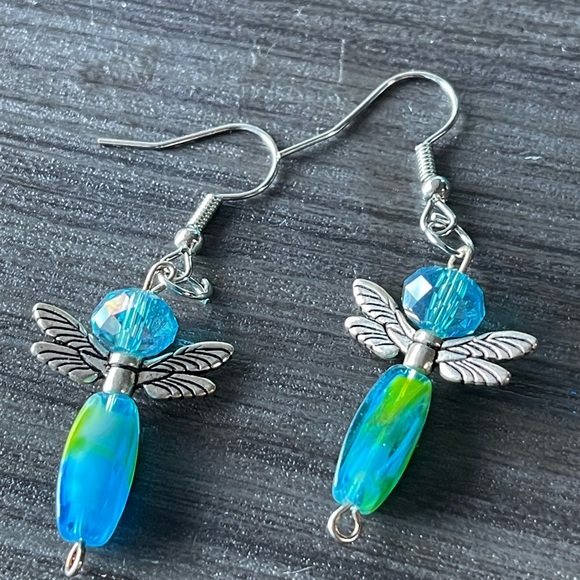 Blue and green glass Dragonfly earrings - Picture 1 of 2